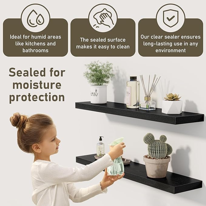 Black Floating Shelves Wall Shelf 40 Inch, 8 Inch Deep Floating Shelf for Wall, Farmhouse Black Wood Shelves Invisible Bracket for Living Room, Bedroom, Kitchen, 40 x 8 x 1.4 Inch, Set of 2