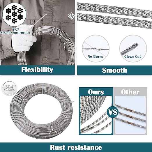 Muzata 300 ft 1/8" Stainless Steel Cable Railing System Hardware Wire Rope 7x7 Strands Deck Cable Railing Kit for Indoor Outdoor Hanging WR01