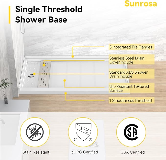 Sunrosa Shower Base 60"×32"×4", Single Threshold Shower Bases with Left Drain, Rectangle Solid Surface White Shower Pan, Slip Resistant Textured Surface, Include Stainless Steel Chrome Cover