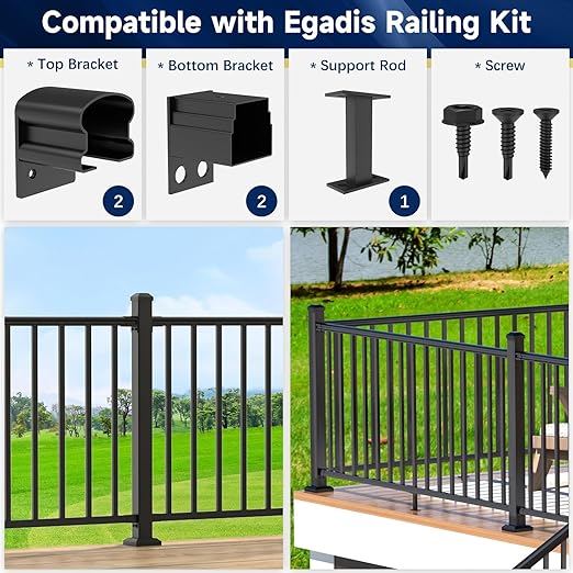 4 Pack Aluminum Fixed Railing Bracket with Level Foot, Deck Railing Bracket Connector, Black Textured Powder-Coat Finish Railing System for Outdoor Decks, Porches & Balconies (Fix Brackets)