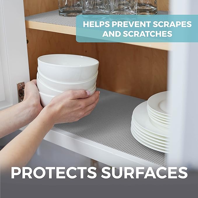 HOME GENIE Drawer Shelf and Cabinet Liner, Durable with Strong Grip, 17.5 Inch x 10 FT, Non Adhesive Liners Protect Kitchen Cabinets and Cupboard, Bathroom Drawers and Shelves, Desks, Soft Gray