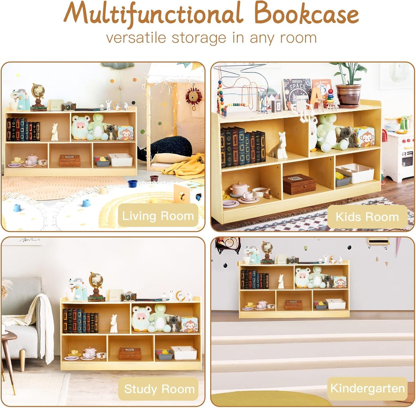 Montessori Shelf, Wooden Toy Storage Organizer for Books Toys, 2 Shelf Bookcase, 5-Section Storage Cabinet, Toddler Book Shelf for Kids Rooms, Playroom, Nursery, Kindergarten (Natural)