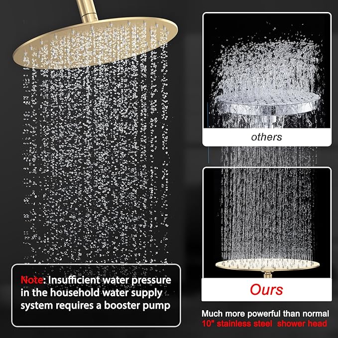 Shower Faucet Set Brass 10IN Rough-In Valve Body Trim Kit Rainfall Included Handle Accessories Complete 2 Functions with Rain Head and Handheld Bathroom Systems (10'', Brushed Gold)