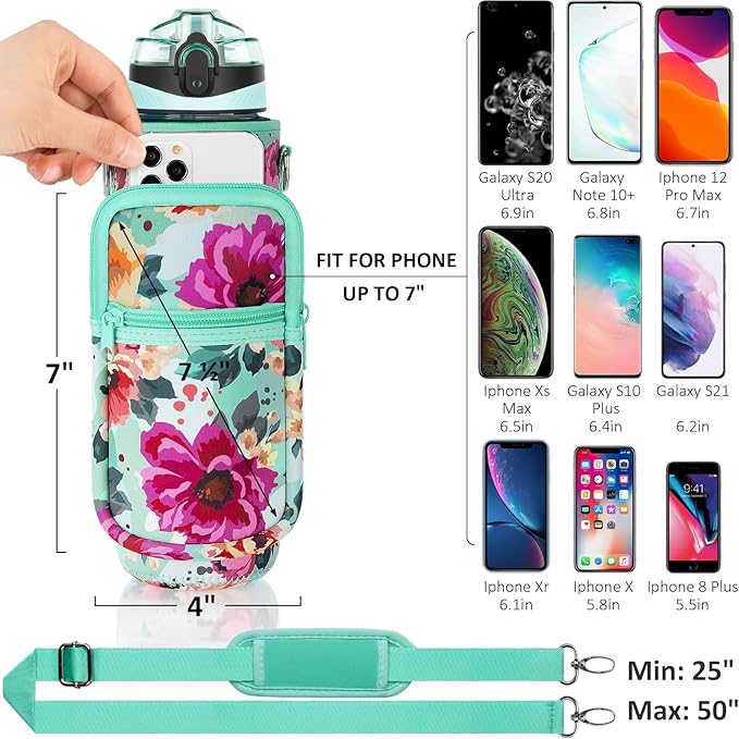 Fimibuke 32 oz Water Bottle with Sleeve - BPA Free Leakproof Sport Large 1L Plastic Motivational Water Bottle with Straw Strap & Insulated Neoprene Holder Carrier Bag Great Xmas Gift for Women Men