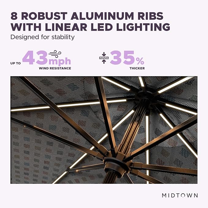 Midtown Umbrellas The LED Swilt 10 Feet Patio Umbrella With Sunbrella Infused Gem Acrylic Fabric - Auto-Tilt Aluminum Frame With LED Lights For Backyard, Deck, Garden, Pool - Black Pole