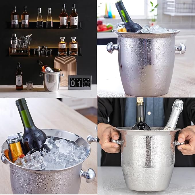 Ice Bucket with Ice Tongs - 5L Ice Bucket for Party Stainless Steel Wine cooler Drink Tub Cooler for Partiy Champagne Ice Bucket with Handle for Family Bar Ktv Outdoor & Indoor Silvery