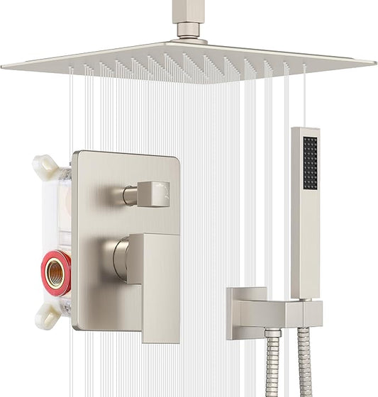 ESNBIA Shower System, 12 Inches Rain Shower Head with Handheld Combo Set, Shower Faucet Set with Valve and Trim, Ceiling Mounted High Pressure Rainfall Dual Shower Head System, Brushed Nickel