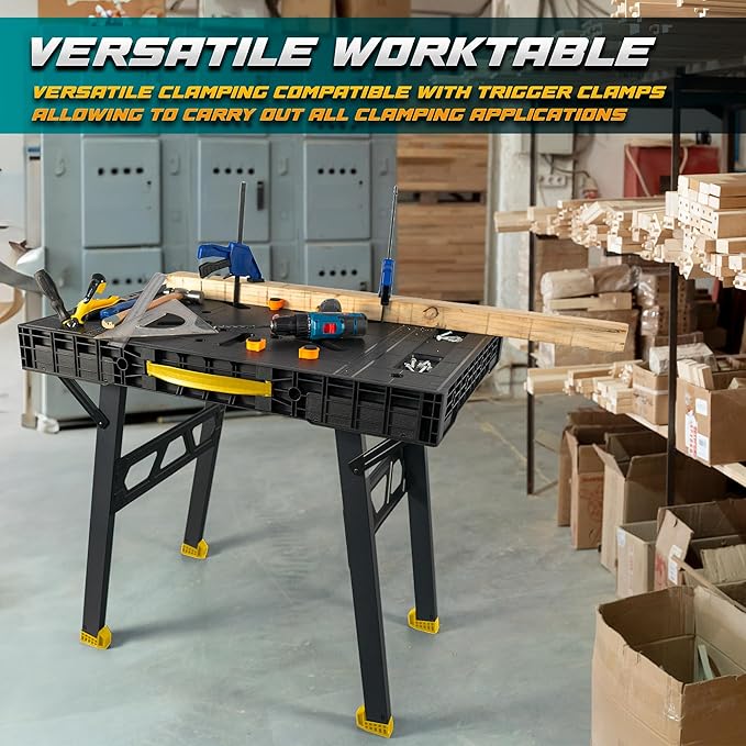 Foldable Work Bench,Easy Step Protable Work Table,34" W x 25" D x 31" H Lightweight Workbench wih 1650 LBS,Work Benches for Garage,Work Bench Suitable for Garage,Workshop and Home (Yellow)