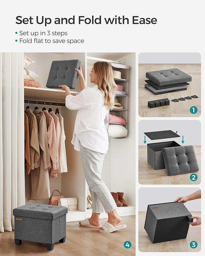 SONGMICS Storage Ottoman, Small Ottoman Foot Rest with Legs, 12.6 x 15.8 x 13.2 Inches Foot Stool, Load up to 660 lb, for Living Room, Bedroom, Dorm, Slate Gray ULSF012G01