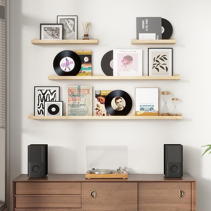 Picture Ledge Shelf for Wall, 48 inches Solid Pine Wood Nursery Book Shelves 3 Packs, Floating Ledge Shelves for Kids' Room Bedroom Bathroom Long Floating Shelves for Wall Nursey Wall Decor, Natural