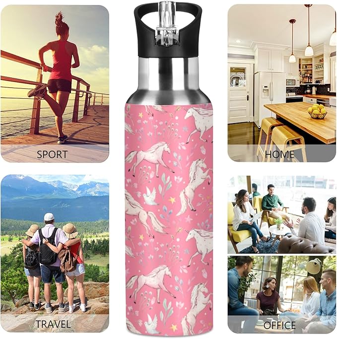 MNSRUU Insulated Water Bottle with Straw, Rainbow and Unicorns Stainless Steel Flasks for Sports Cycling Hiking School