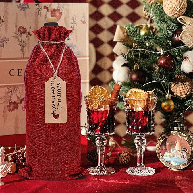 EVRWO Burlap Wine Bags 12 Pcs Wine Bottle Gift Bags Reusable Gift Bags With Drawstrings Tags & Ropes for Holiday Weedings Party, Birthdays, Travel, Blind Tastings, Home Storage 750ml