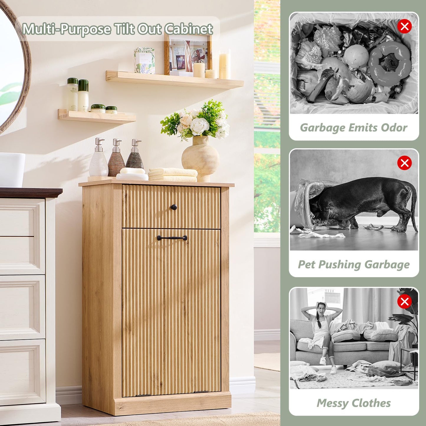 Modern Tilt-Out Trash Can Cabinet, 10 Gallon Fluted Laundry Hamper Cabinet with Drawers, Wooden Hidden Garbage Can Cabinet w/Storage Basket, Free Standing for Kitchen & Living Room,Natural Oak