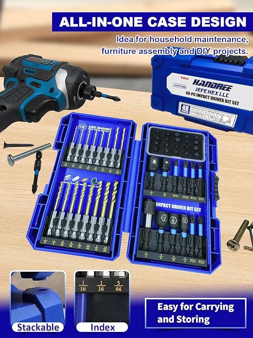 JEFE HEX 48pcs Impact Screwdriver Bit Set, HSS Titanium Coated Hex Drill Bit Set, Impact Drill Bit Set for Heavy Duty Precision Driving, Drilling Ideal for DIY Projects and Professional Use