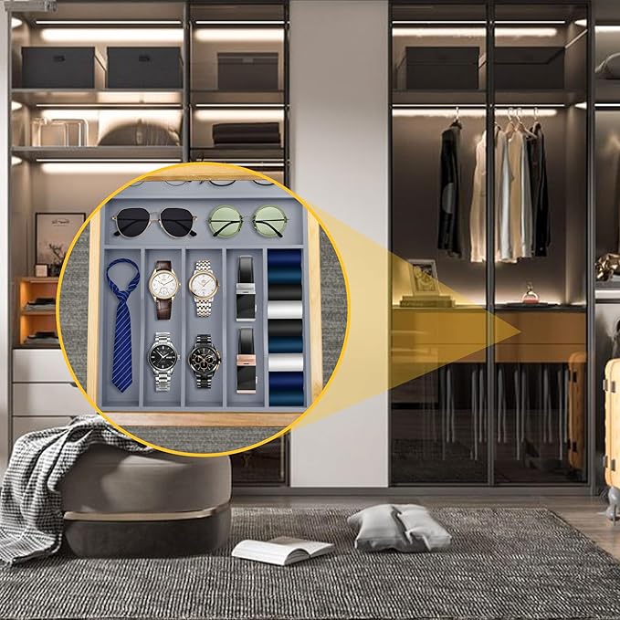 Kitchen Bamboo Silverware Organizer, Kitchen Drawer Organizer - Utensil Holder and Cutlery Tray with Grooved Drawer Dividers for Flatware 7 Slot, Grey