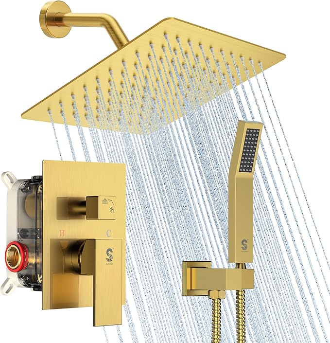 SR SUN RISE Shower System - Shower Faucet Set with 8 Inch Rain Shower Head and Handheld Shower - High Pressure Rain Shower System - All Metal Shower Faucet Trim Repair Kits - Brushed Gold