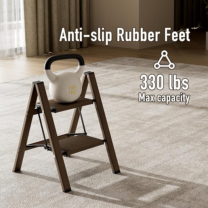2 Step Ladder,Aluminum Folding Step Stool for Adults,Step Ladder with Wide Anti-Slip Pedal,330 lbs Capacity for Home,Office,Kitchen,Library(Walnut)