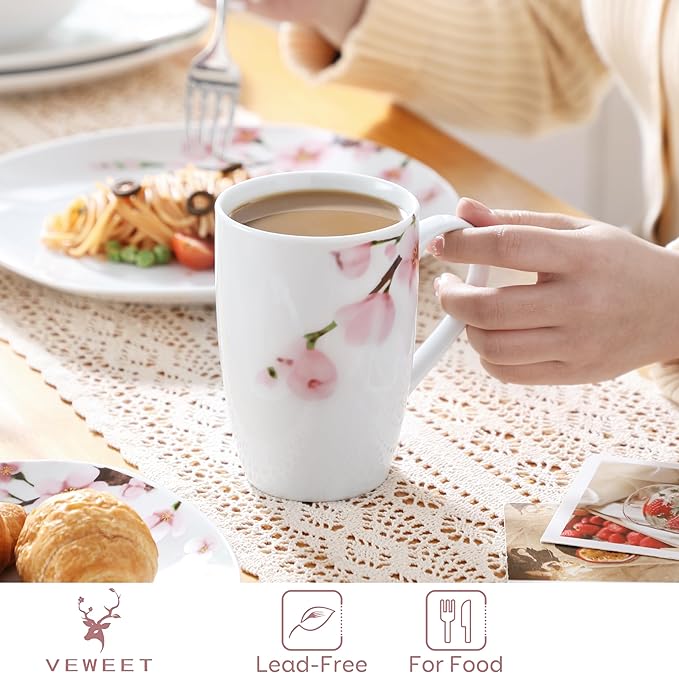 VEWEET Large Coffee Mugs Set of 6, 16 OZ Coffee Cups Set with Handle, Floral Mug Sets Ceramic Cup Set for Kitchen, Microwave& Dishwasher Safe, Series ANNIE