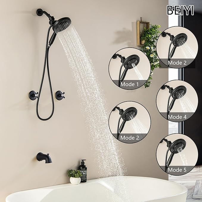 2 Handle Shower Faucet Set, Matte Black Dual Shower Head 2 Knod Tub Shower Faucet Sets with Handheld 2-in-1 Dual Shower Bathtub Shower Faucets Combo