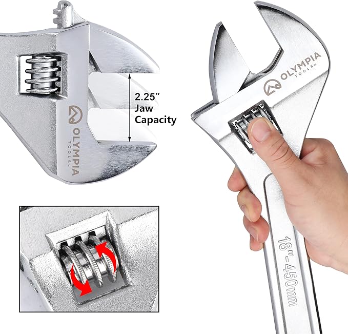 Olympia Tools 18" Adjustable Wrench, Heavy Duty Drop Forged Steel, Chrome Plated, Precision Machined Jaws, Rust Resistant