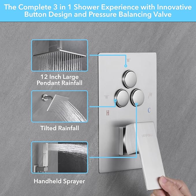 VANFOXLE Shower Faucet Set Brushed Nickel Shower System,Push Button Diverter Shower Faucet with 2 in 1 Handheld,Ceiling Mount Increased Thickness 12 Inch Shower Head with 6 Inch Wall Mount Shower Head
