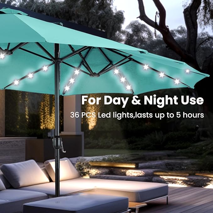 PHI VILLA 15ft Large Patio Umbrella with Solar Lights, Double-Sided Outdoor Market Rectangle Umbrellas with 36 LED Lights, Umbrella Base (Stand) Included, Turquois