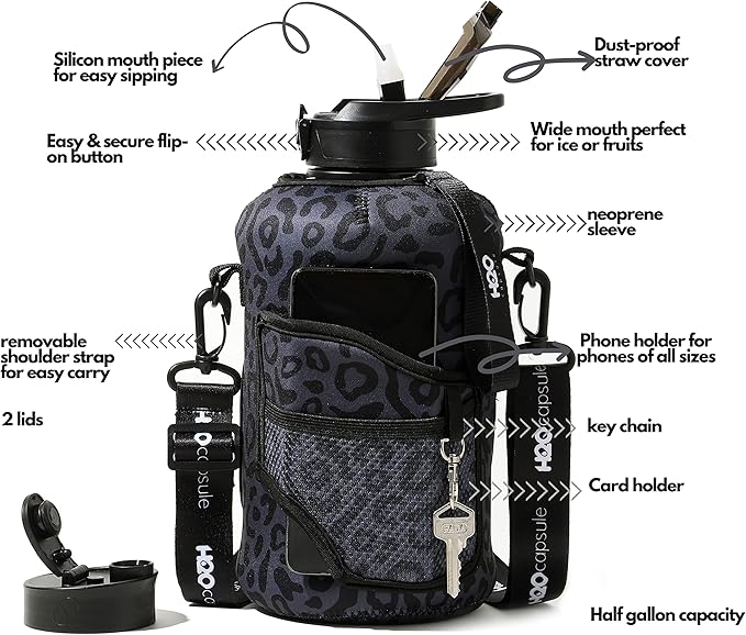 H2O Capsule 2.2L Half Gallon Water Bottle with Storage Sleeve and Removable Straw – BPA Free Large Reusable Drink Container with Handle - Big Sports Jug, 2.2 Liter (74 Ounce), Black Leopard