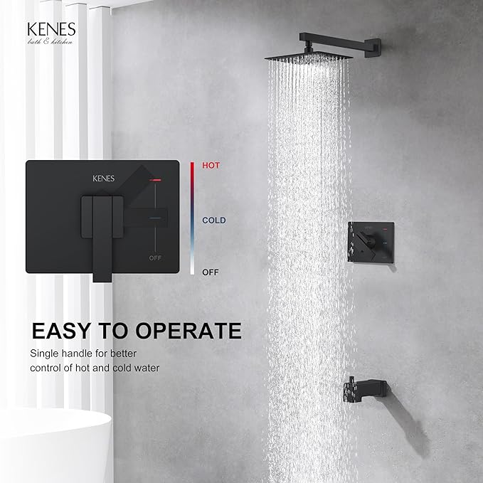 KENES Modern Matte Black Shower Faucet Set, Tub and Shower Trim Kit With Single-Spray Head, Square Faucet, KE-6024A-2 (Valve Included)