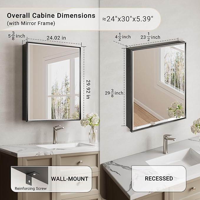24''x 30'' Black Medicine Cabinet Mirror, Surface or Recessed Aluminum Framed Medicine Cabinet with Beveled Mirror, Full-Assembled, Adjustable Shelves,Reversible Bathroom Mirror with Storage
