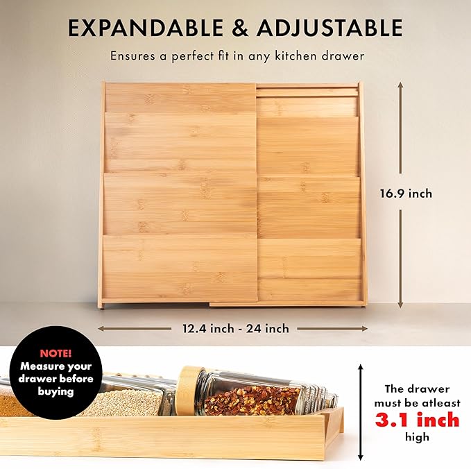 Bamboo Spice Drawer Organizer - Expandable 4 Tier Spice Rack (Need 3" Deep Drawer) 12" to 24" Wide, Seasoning Organizer, Organization Seasoning Rack insert (Jars Not Included)