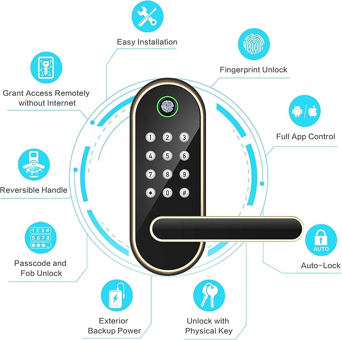 Keyless Entry Fingerprint Smart Lock with Handle & Keypad: Sifely Biometric Digital Electronic Lock with Code, Electric Deadbolt Door Knob for Front, Interior, Exterior & Bedroom Doors (Gold)