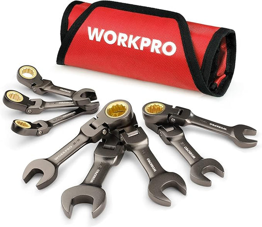 WORKPRO 8 Piece Flex Head Stubby Ratcheting Combination Wrench Set, SAE 5/16-3/4 in, 72-Teeth, CRV, Nickel Plating with Rolling Pouch