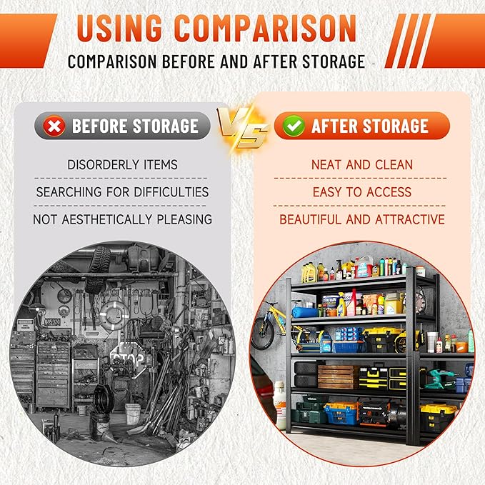 Heavy Duty 5-Tier Shelving Unit 2500LBS Capacity - Adjustable Steel Garage Shelves for Warehouse, Basement Storage(63''H x 45.3''W x 17.7''D)