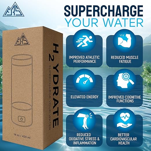 FRS Premium Hydrogen Water Bottle with SPE/PEM Technology. Improve Your Water in 3-Minutes with up to 1680 ppb of Molecular Hydrogen. Portable 420 mL, Stainless Steel, Rechargeable Design.