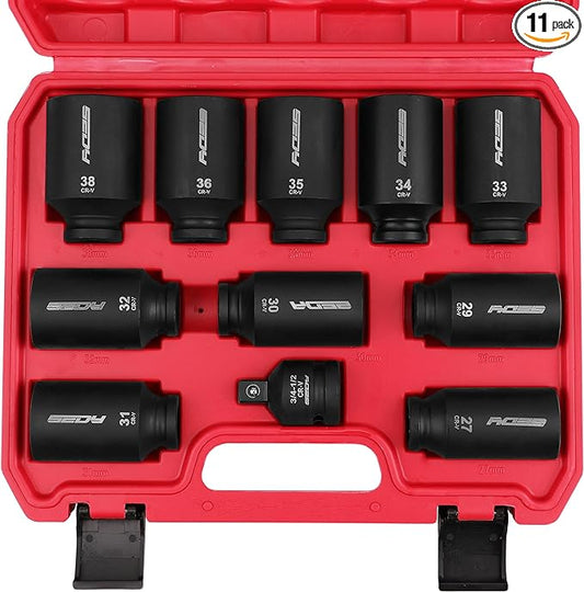 1/2 Drive Deep Impact Socket Set: 11-Piece Metric Size Wheel Axle Nut Wrench Metric Large Jumbo 27mm 29mm 30mm 31mm 32mm 33mm 34mm 35mm 36mm 38mm Spindle Joint High Torque Truck Bearing Locknut