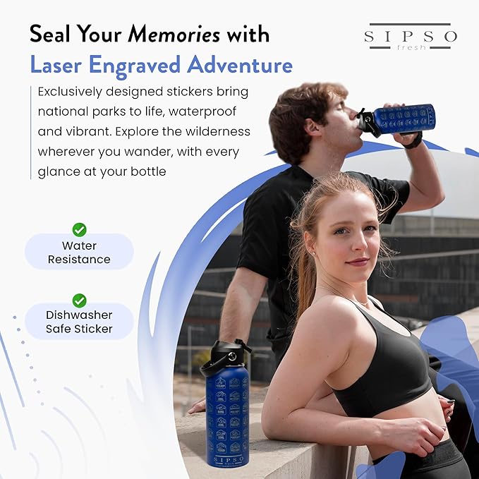 National Parks water bottle with Stickers: Unique 32 oz bottle | Double wall Stainless Steel water bottle | Leak Proof- laser Engraved water Bottle with National Park stickers (Blue)