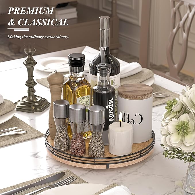 12" Lazy Susan Oak Wood Turntable Organizer for Cabinet, Farmhouse Round Wooden Lazy Susan Organization and Storage for Dining Table, Pantry, Kitchen, Bathroom, Countertop, Cupboard, Home Decor