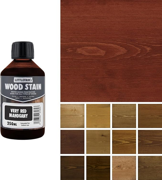 Littlefair's Wood Stain Water Based - 8.5oz/250ml - Indoor Furniture Stain Light & Dark Finishes - Special Non Toxic & Eco Friendly Formula - Wood Stain for Crafts - Color: Very Red Mahogany