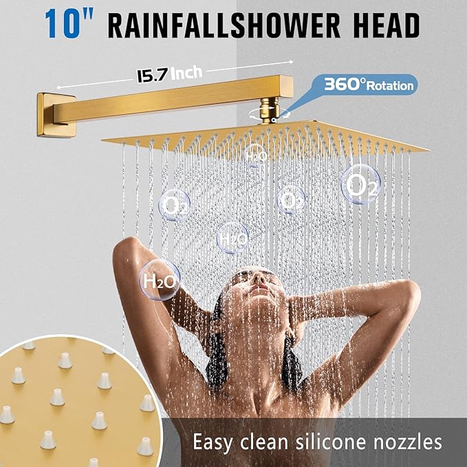 10 Inch Rainfall Shower System with Tub Spout - Wall Mounted Complete Combo with Solid Brass Pressure Balancing Valve, High Pressure Shower Head, Handle Set & Installation Accessories Brushed Gold