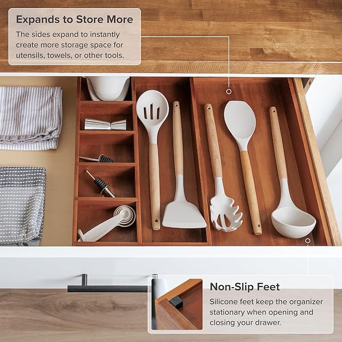 KitchenEdge Adjustable Kitchen Drawer Organizer for Utensils and Junk, Food-Safe Contract Grade with 100% Sustainable Wood, Non-Slip, Expandable from 10.5 to 18.5 Inches Wide - Natural Acacia