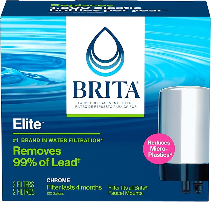 Brita Faucet Water Filter for Sink Water Filtration System, BPA-Free, Reduces 99% of Lead, Replaces 750 Plastic Water Bottles, Lasts Four Months or 100 Gallons, Includes 2 Filters, Chrome