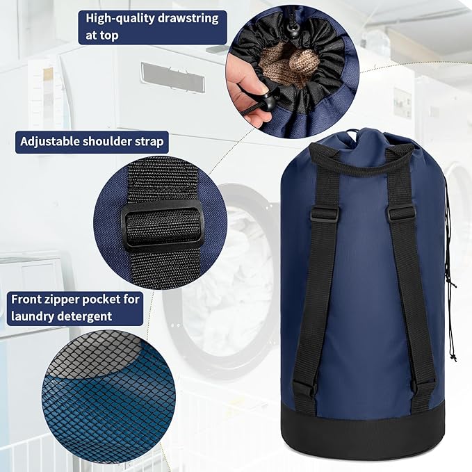 Laundry Bag Backpack with Shoulder Straps and Mesh Pocket Foldable Laundry Hamper for College, Apartment, Laundromat (Dark Blue)