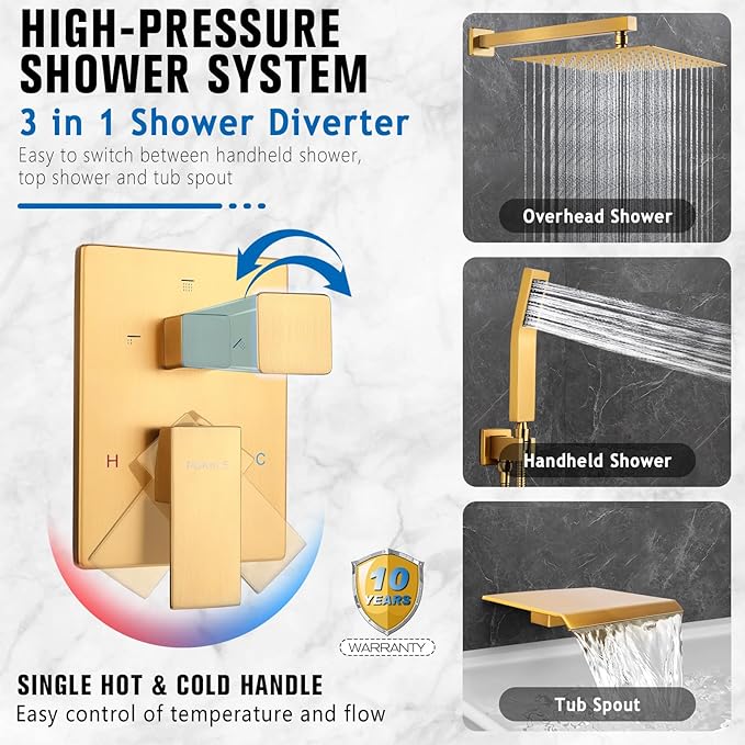 12 Inch Rainfall Shower System with Tub Spout Wall Mounted Complete Combo with Solid Brass Pressure Balancing Valve, High Pressure Shower Head, Handle Set & Installation Accessories