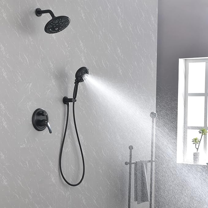 SHAMANDA 15-Function Shower System with Valve and Trim, Bathroom Luxury Shower Faucets Sets Complete with 9 Setting Handheld showerhead & 6 Setting Rain Shower, Wall mounted, Matte Black, L8082-7