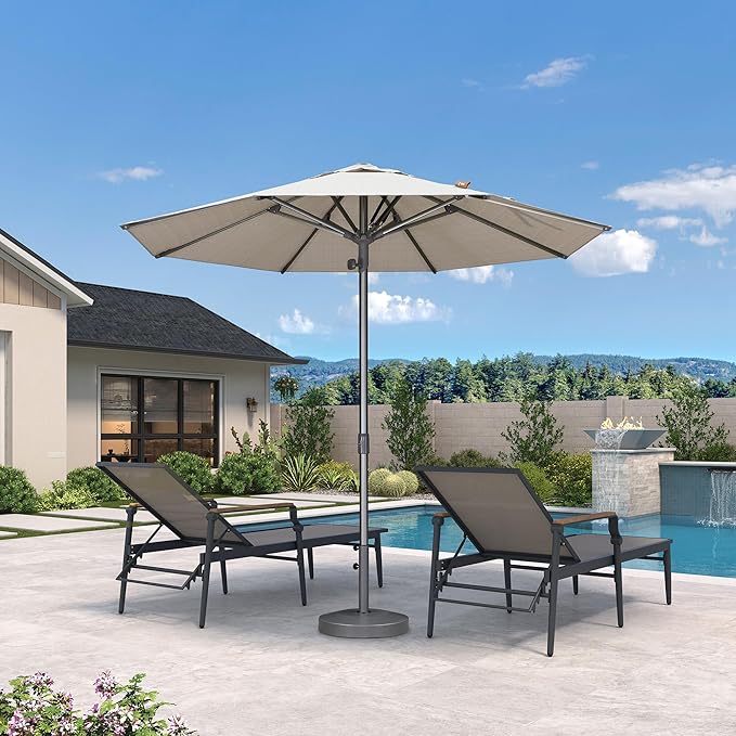 PURPLE LEAF 9 FT Semi-Auto Outdoor Patio Umbrella Market Table Sun Umbrellas with 8 Aluminum Sturdy Ribs for Backyard Deck Garden Pool (Gray Pole Beige Canopy)