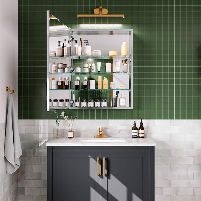 24''×30'' Bathroom Storage Cabinet with Mirror, Medicine Cabinet for Storage, Recessed/Surface Mount, Blum Hinge Soft Close Door, Left Swing