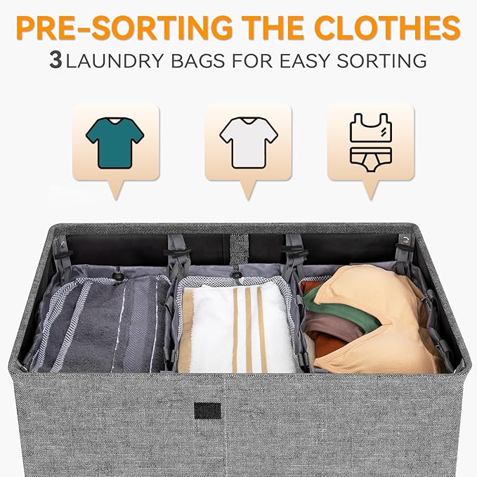 WOWLIVE Laundry Hamper with Lid,180L Large Laundry Basket 3 Section with Removable Washing Bags,Collapsible Waterproof Dirty Clothes Hamper for Laundry Room Bathroom Dorm,Gray