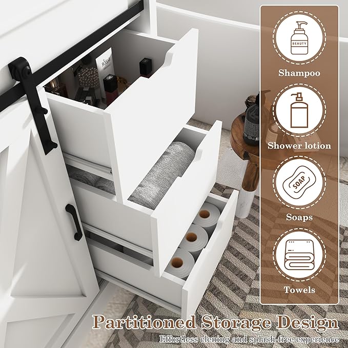 36 Inch Bathroom Vanity with Sink & Faucet & Mirror, Farmhouse Bathroom Vanity Cabinet Set with Sliding Barn Door & Drawers, Small Single Bath Storage Vanity Sink, White