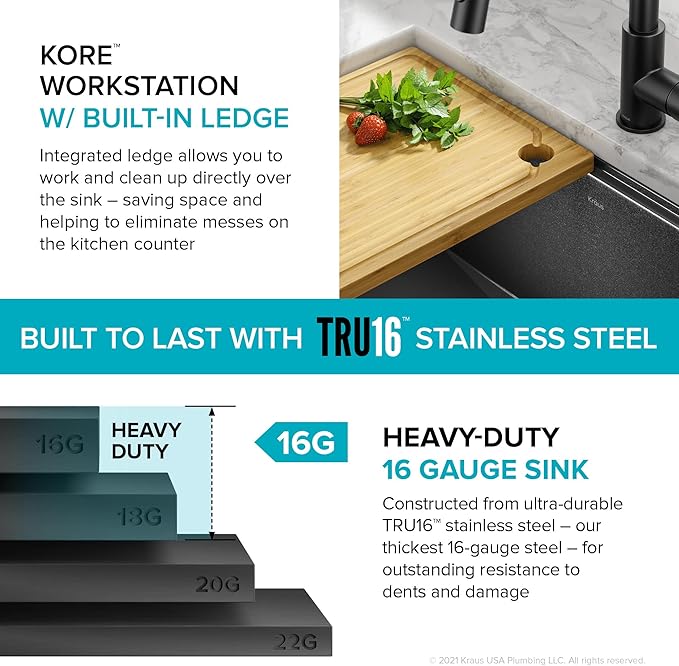 KRAUS Kore Workstation 27-inch Undermount 16 Gauge Black Stainless Kitchen Sink, Single Bowl Kitchen Sink in PVD Gunmetal Finish with Accessories, KWU110-27-PGM