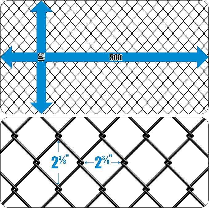 Fencer Wire 9 Gauge Black Vinyl Coated Galvanized Steel Chain Link Fence Fabric, Diamond Mesh Size 2-3/8 Inch, Galvanized Fencing Wire Roll for Garden and Animals Enclosure (5ft. x 50ft.)